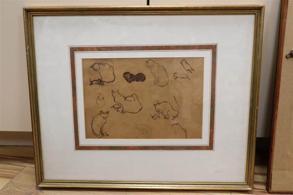 Modern British, ink on brown paper, Studies of cats, 19 x 28cm